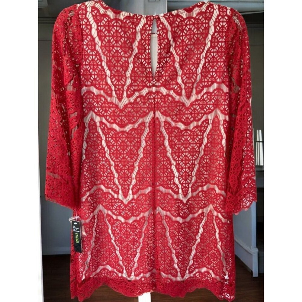 Maia Womens Designer Red Lace Scalloped Edge Shift Dress Lined Crochet NEW 2 - Picture 5 of 10
